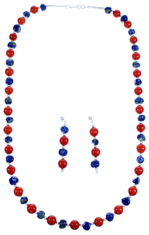 Navajo Sterling Silver Coral Lapis Bead Necklace And Earrings Set LX113490